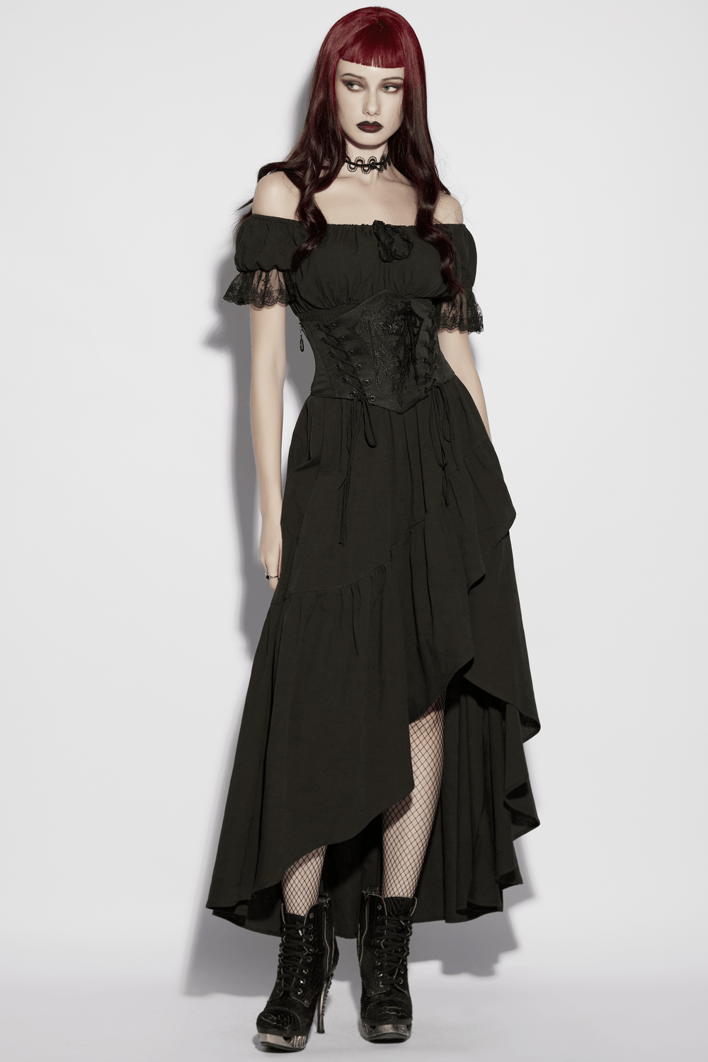 Mysterious Waist Corset Belt with Moth Pendant styled on goth model in black lace-up corset waist cincher with dark romantic vibe