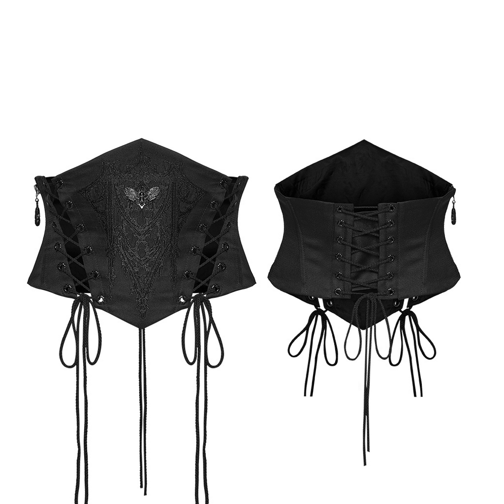 Alt Tag: Mysterious Waist Corset Belt with Moth Pendant - black goth embroidered waist corset belt with moth charm, side drawstrings, back lacing