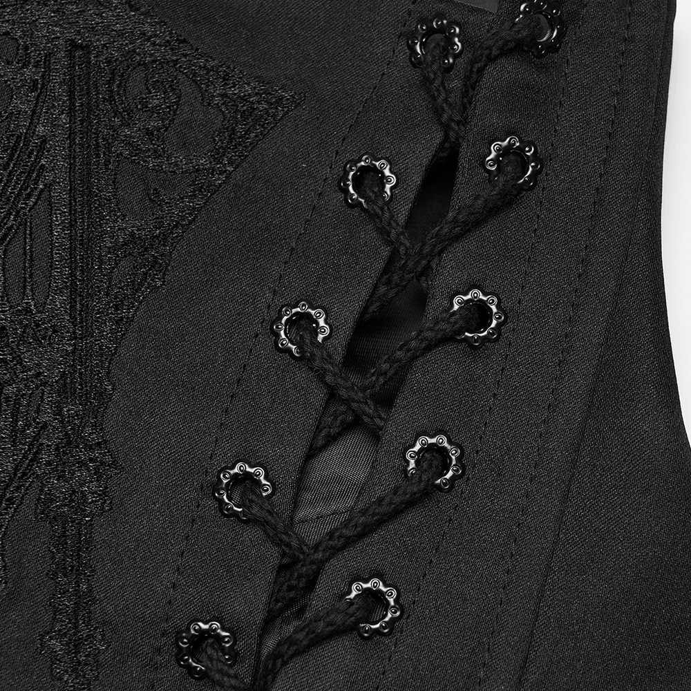 Alt Tag: Mysterious Waist Corset Belt with Moth Pendant close-up of black goth corset lacing, church embroidery, and glossy woven fabric