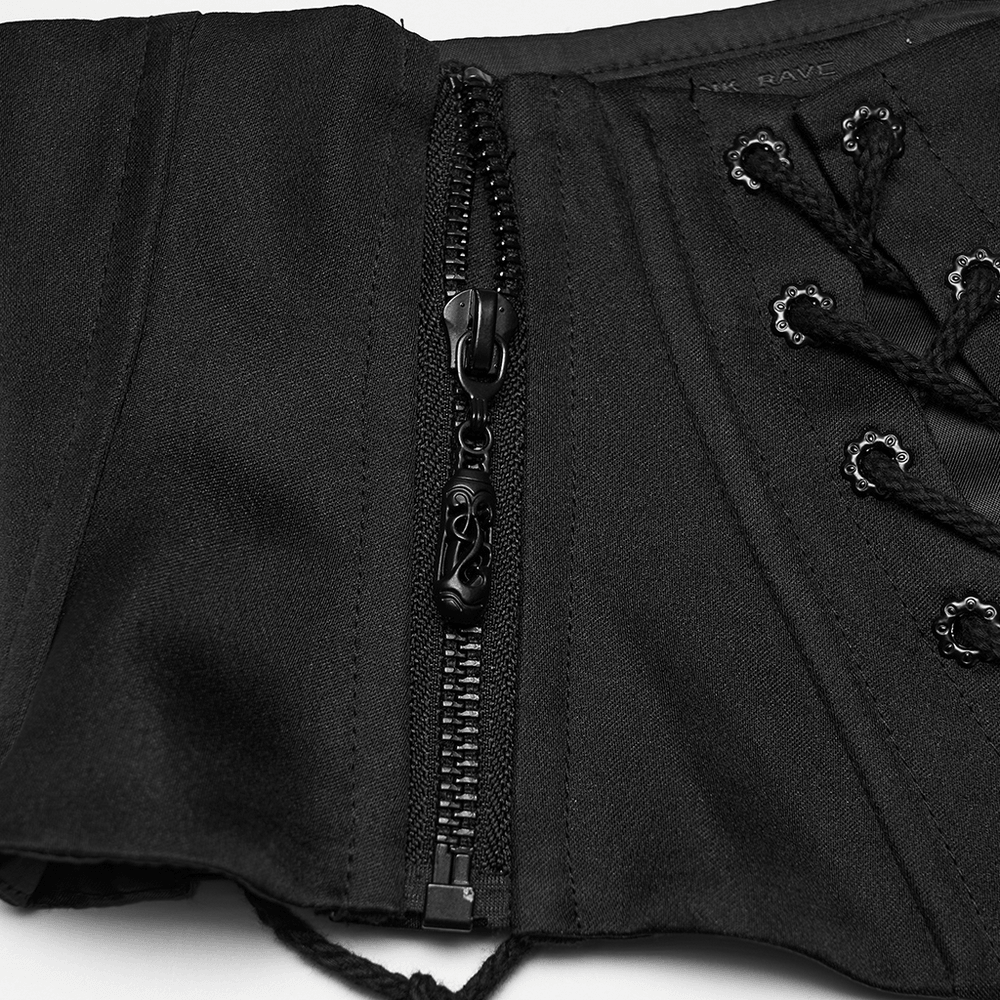 Alt Tag: Mysterious Waist Corset Belt with Moth Pendant close-up of black goth corset belt zipper, back lacing, and church embroidery detail