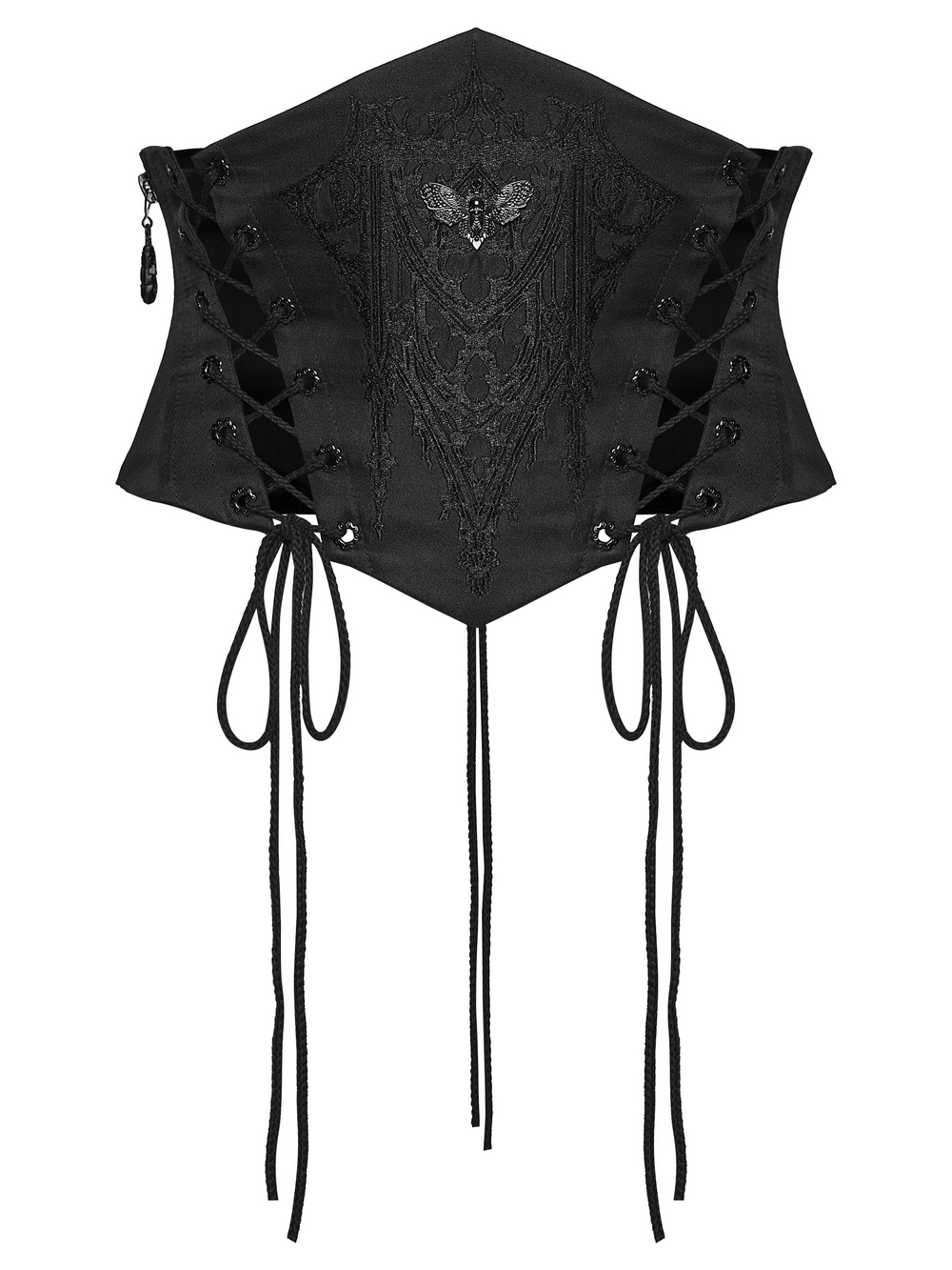 Alt Tag: Mysterious Waist Corset Belt with Moth Pendant black gothic embroidered waist belt, side lacing drawstrings, moth skull charm