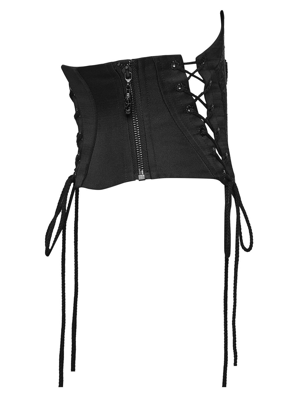 Alt Tag: Mysterious Waist Corset Belt with Moth Pendant black goth corset belt with zipper, side lacing and adjustable drawstrings