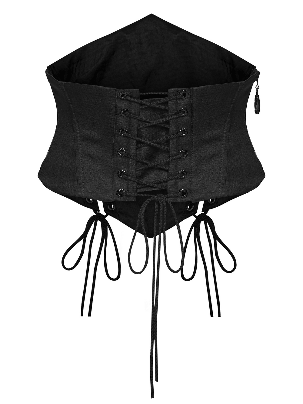 Alt Tag: Mysterious Waist Corset Belt with Moth Pendant black goth corset belt with back lacing, side zipper, and drawstrings