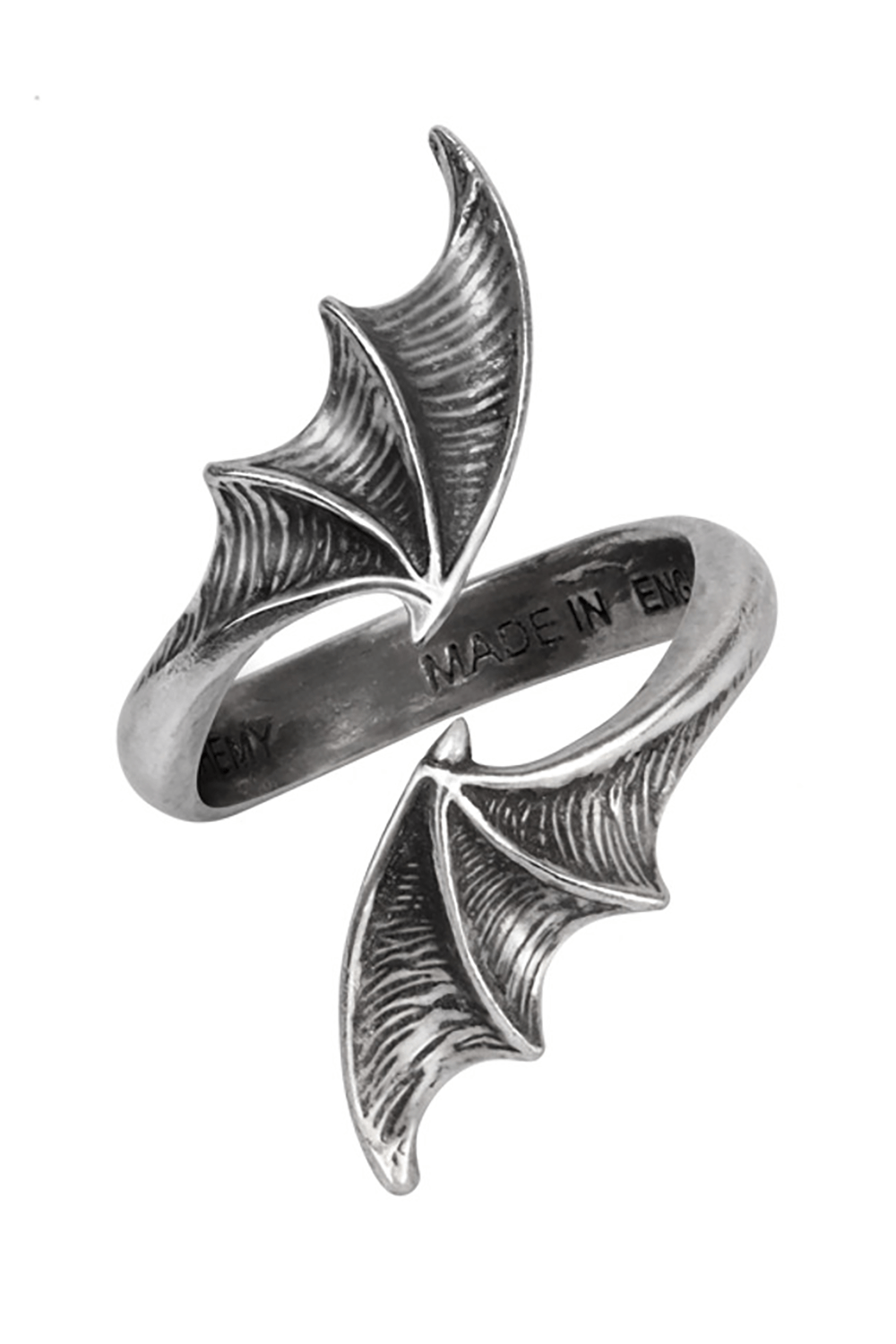 Gothic bat wing ring in antiqued pewter, symbolizing mystery and romance, perfect for night lovers.