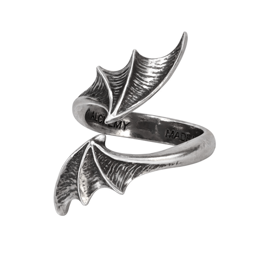 Gothic bat wing ring in antiqued pewter, symbolizing dark romance and mystery.