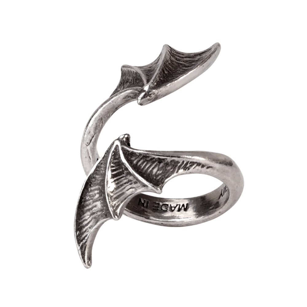 Gothic bat wing ring in antiqued pewter, wrapping design symbolizing dark romance and mystery.