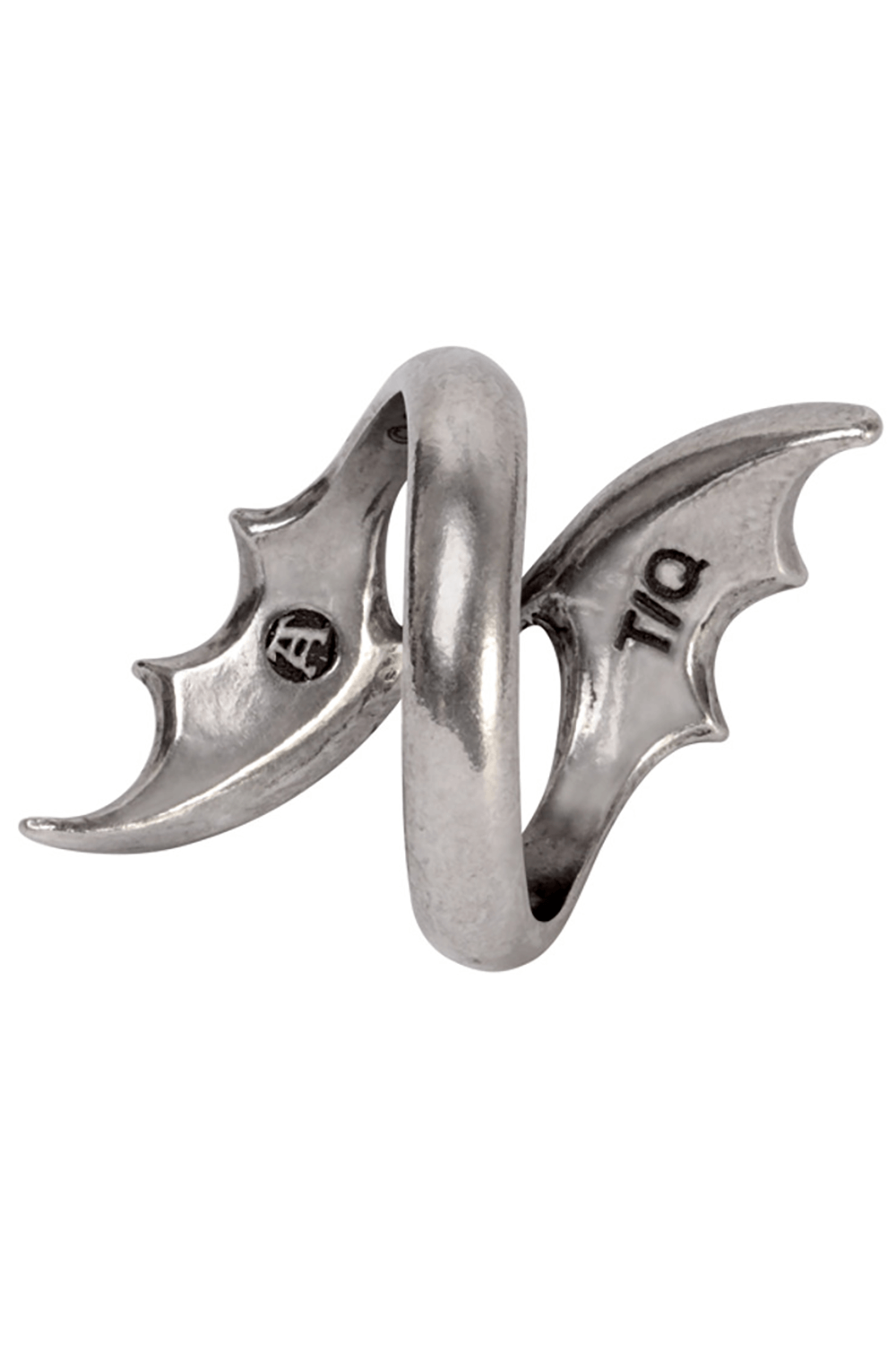 Gothic bat wing ring in antiqued pewter, perfect for lovers of dark romance and midnight mystery.
