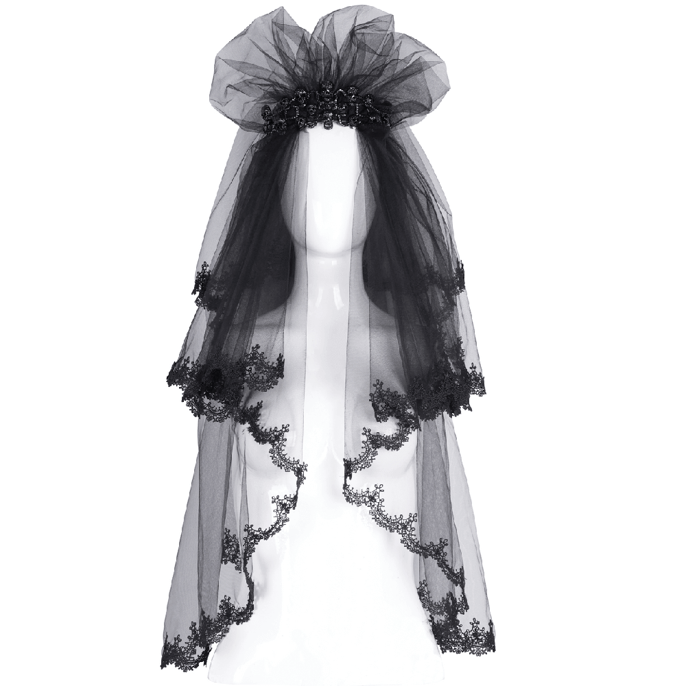 Elegant black lace bridal veil showcasing intricate lace detailing and tulle fabric, perfect for chic weddings.