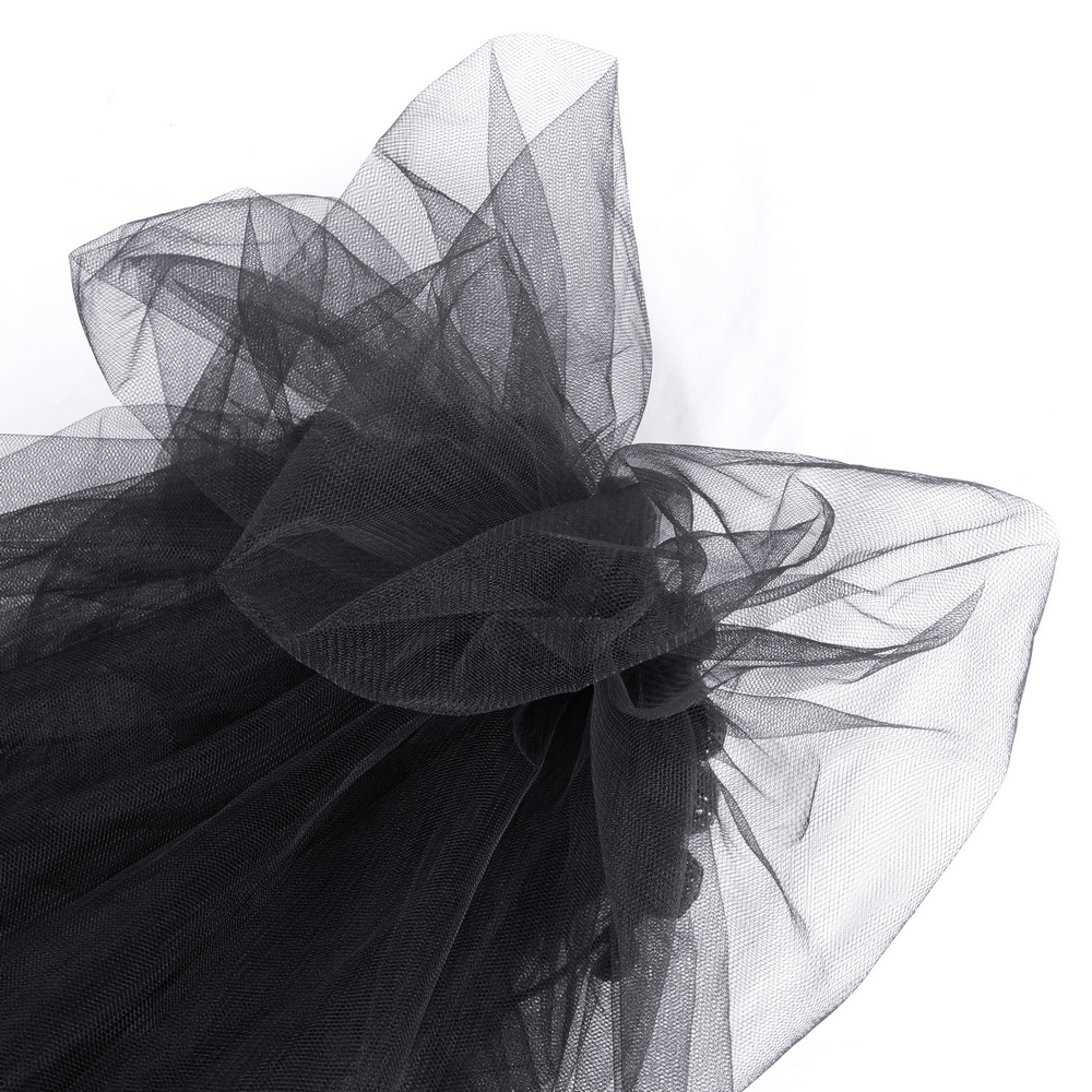 Elegant black lace bridal veil showcasing intricate lace detailing in soft tulle fabric, perfect for weddings.