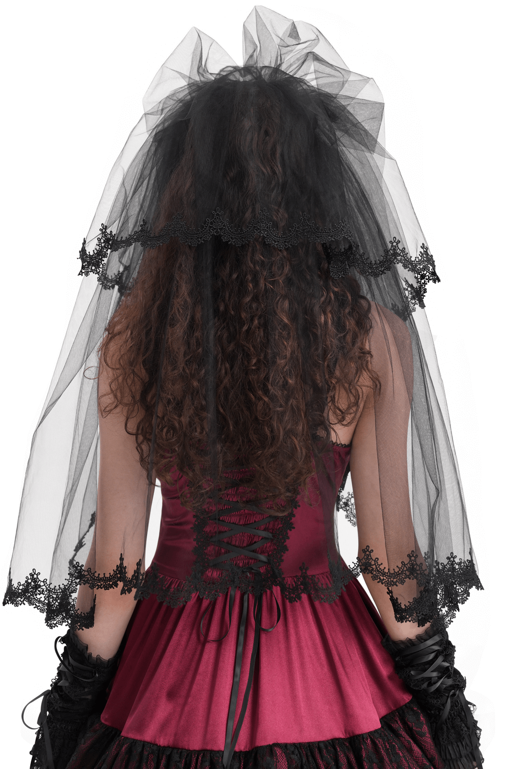 Elegant black lace bridal veil worn by a bride in a burgundy dress, adding sophistication for wedding attire.