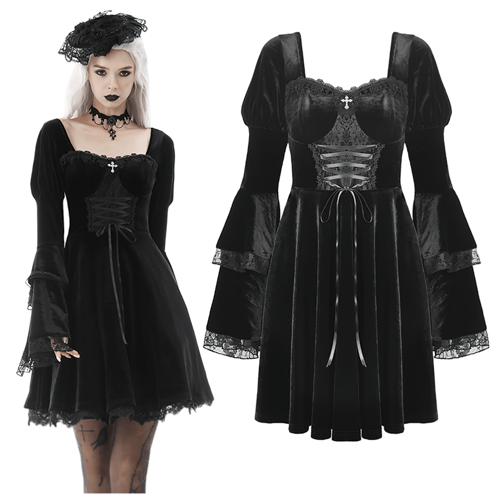 Mystery Gothic Velvet Mini Dress with Lace and Cross