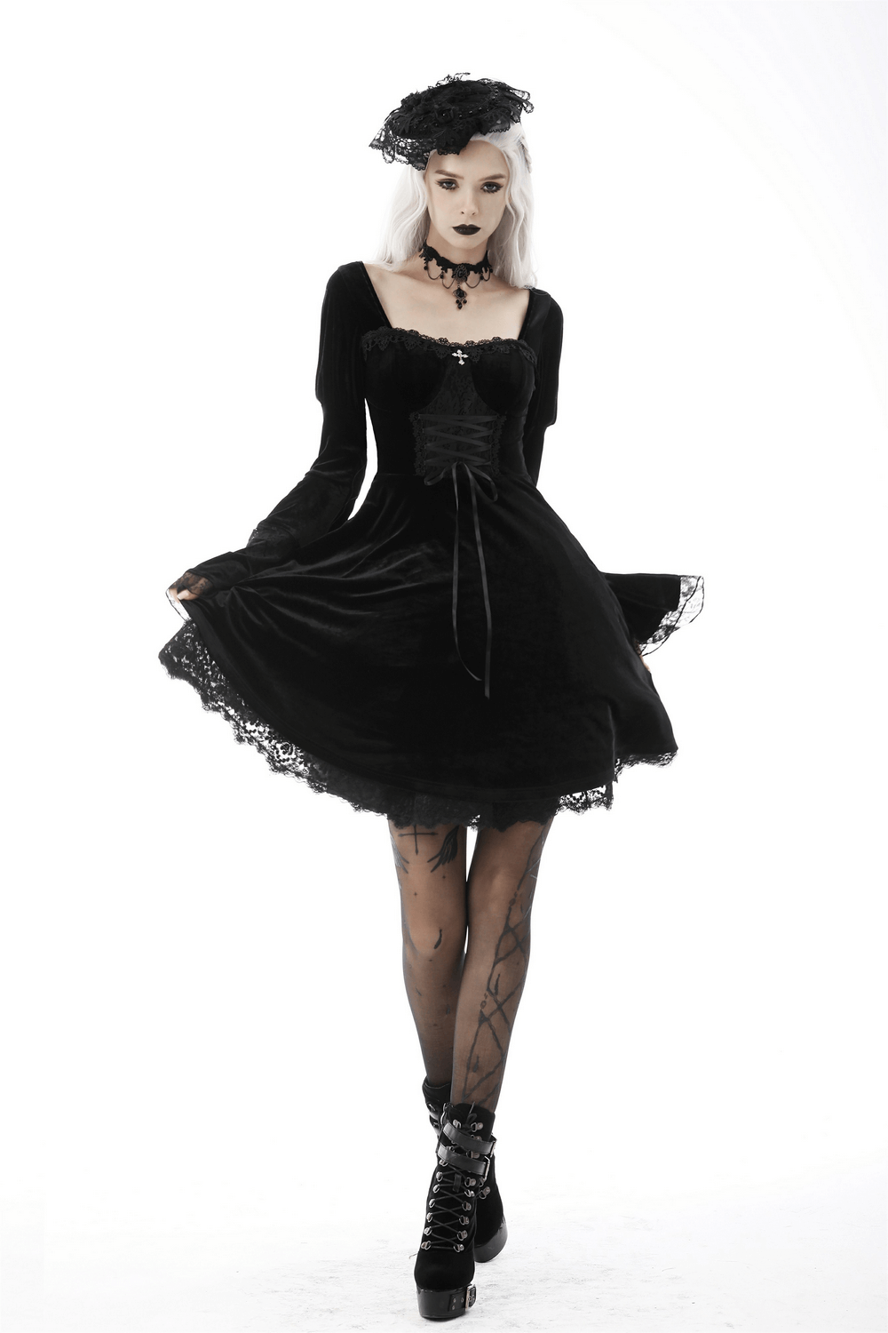 Mystery Gothic Velvet Mini Dress with Lace and Cross