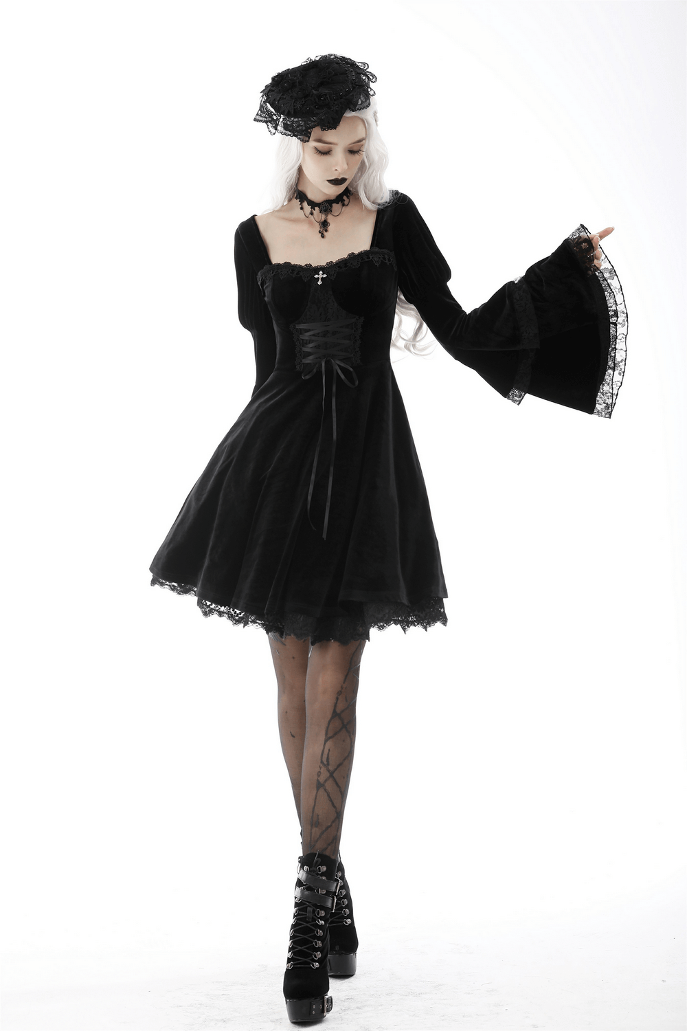 Mystery Gothic Velvet Mini Dress with Lace and Cross