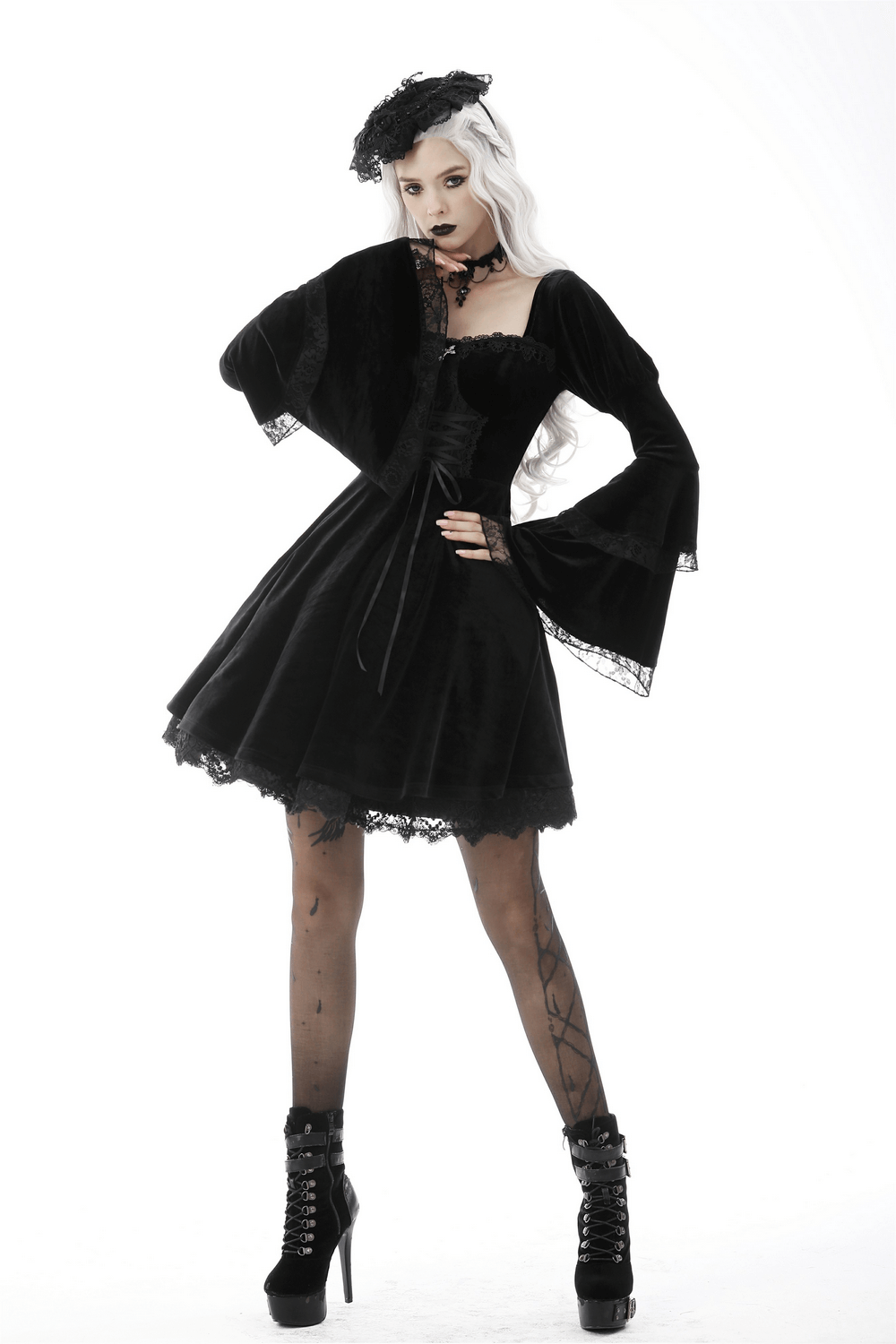 Mystery Gothic Velvet Mini Dress with Lace and Cross