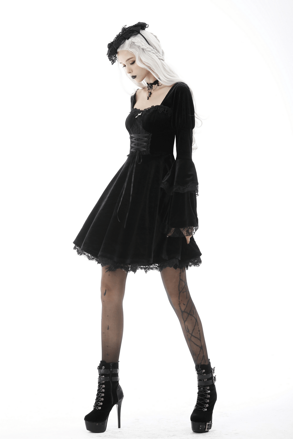 Mystery Gothic Velvet Mini Dress with Lace and Cross