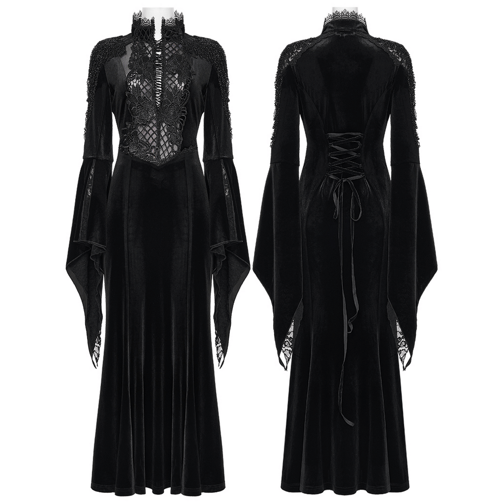 Mystery Long Black Velvet Lace Dress with Fishtail Hem featuring flared sleeves and lace details.
