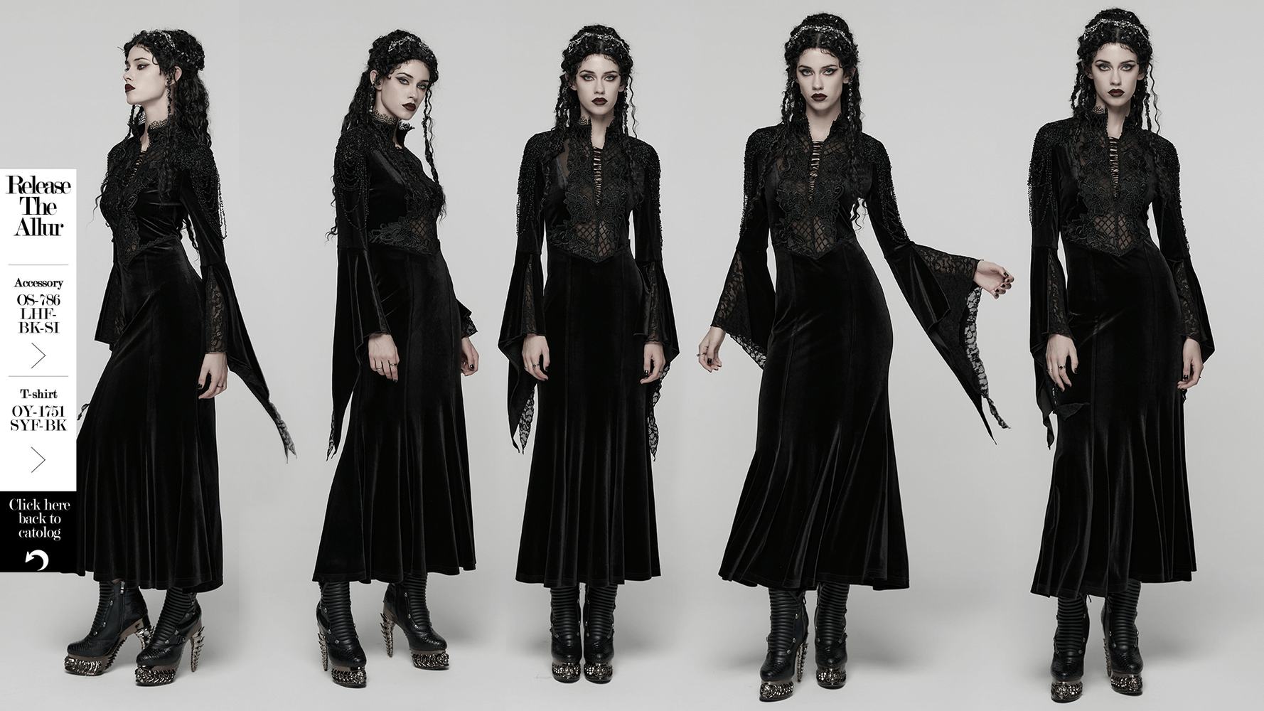 Mystery Long Black Velvet Lace Dress with Fishtail Hem featuring dramatic sleeves and elegant lace details.