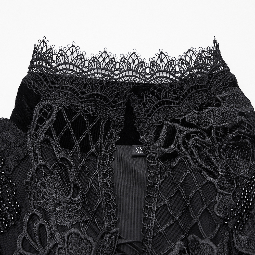 Mystery Long Black Velvet Lace Dress with Fishtail Hem close-up of intricate lace detailing and elegant design.