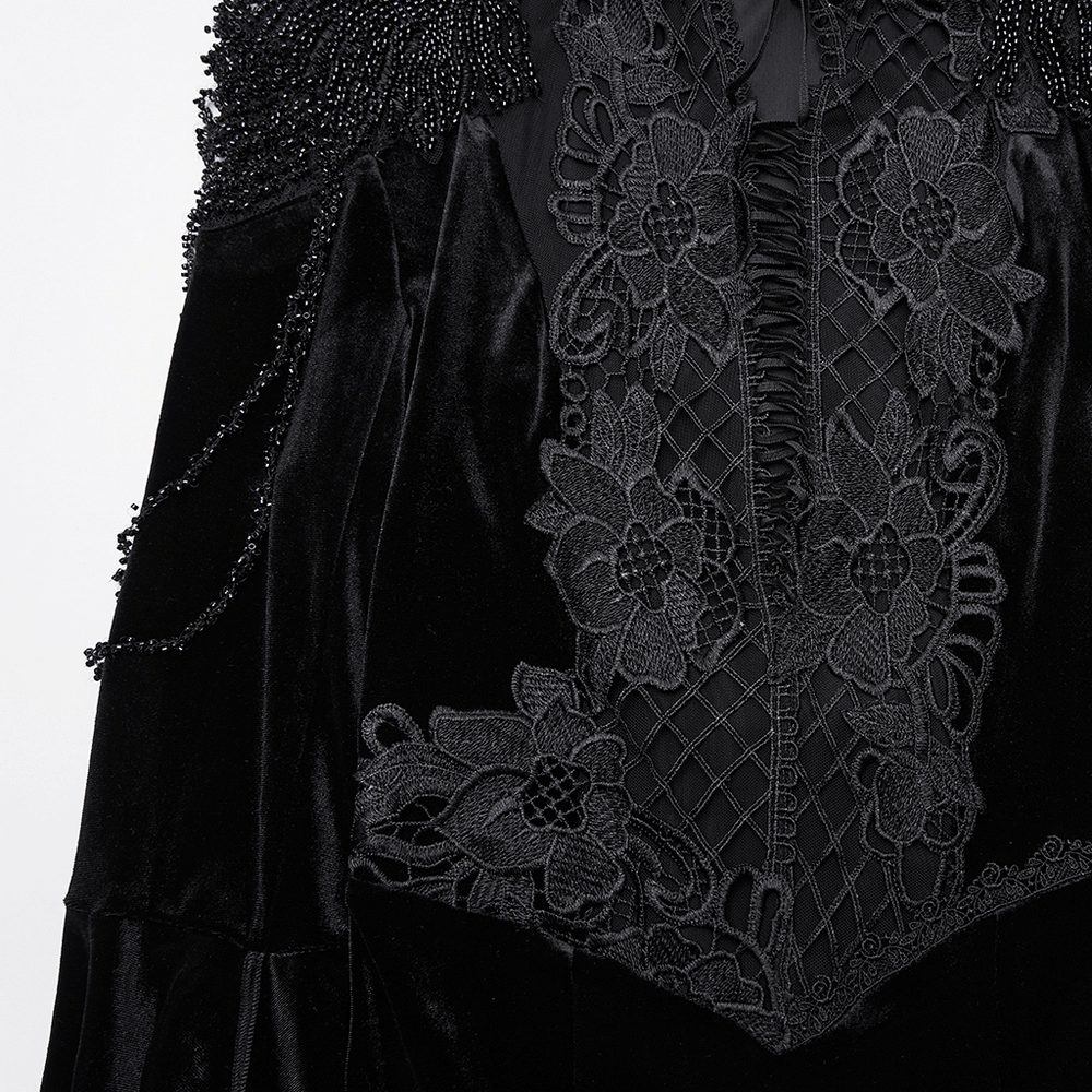 Detail of the Mystery Long Black Velvet Lace Dress with Fishtail Hem featuring floral embroidery and beaded accents.