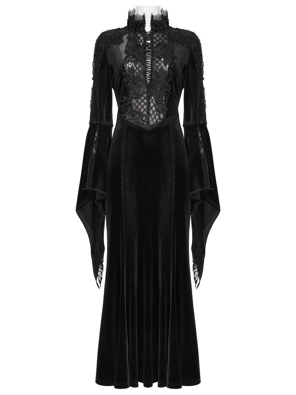 Mystery Long Black Velvet Lace Dress with Fishtail Hem showcasing elegant velvet, lace, and mesh design.