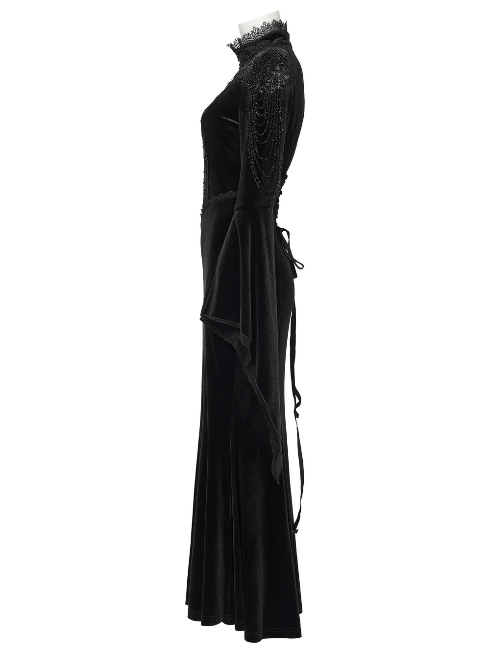 Mystery Long Black Velvet Lace Dress with Fishtail Hem showcasing its elegant side profile and dramatic flared sleeves.