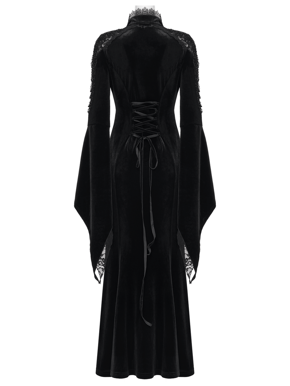Mystery Long Black Velvet Lace Dress with Fishtail Hem featuring flared sleeves and lace details.