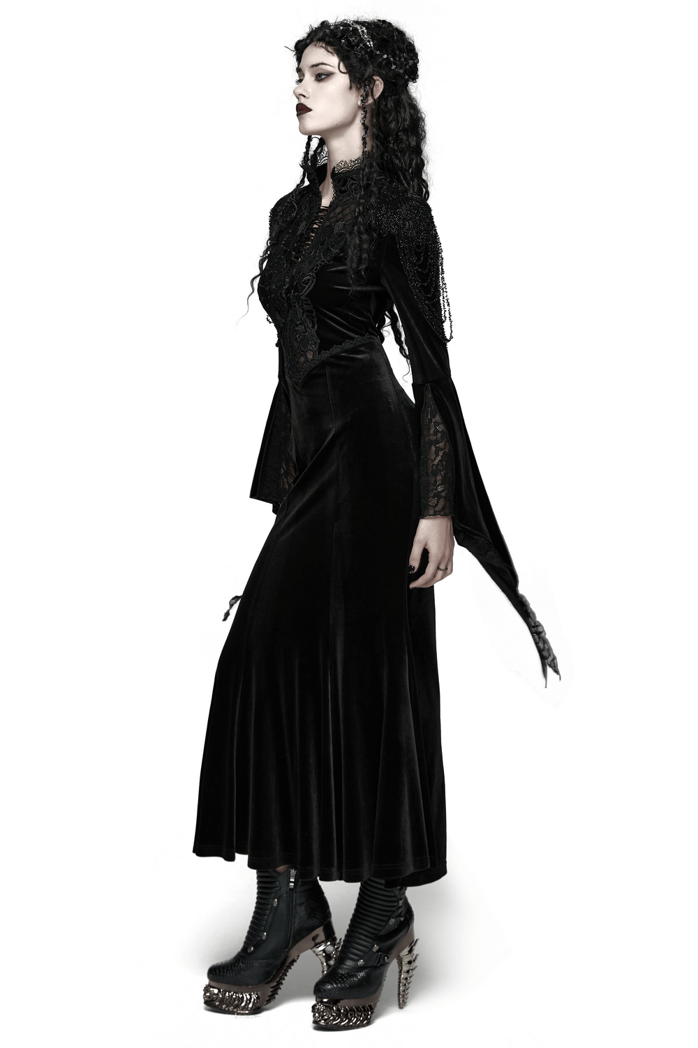 Mystery Long Black Velvet Lace Dress with Fishtail Hem displayed on a model, showcasing gothic elegance and flared sleeves.