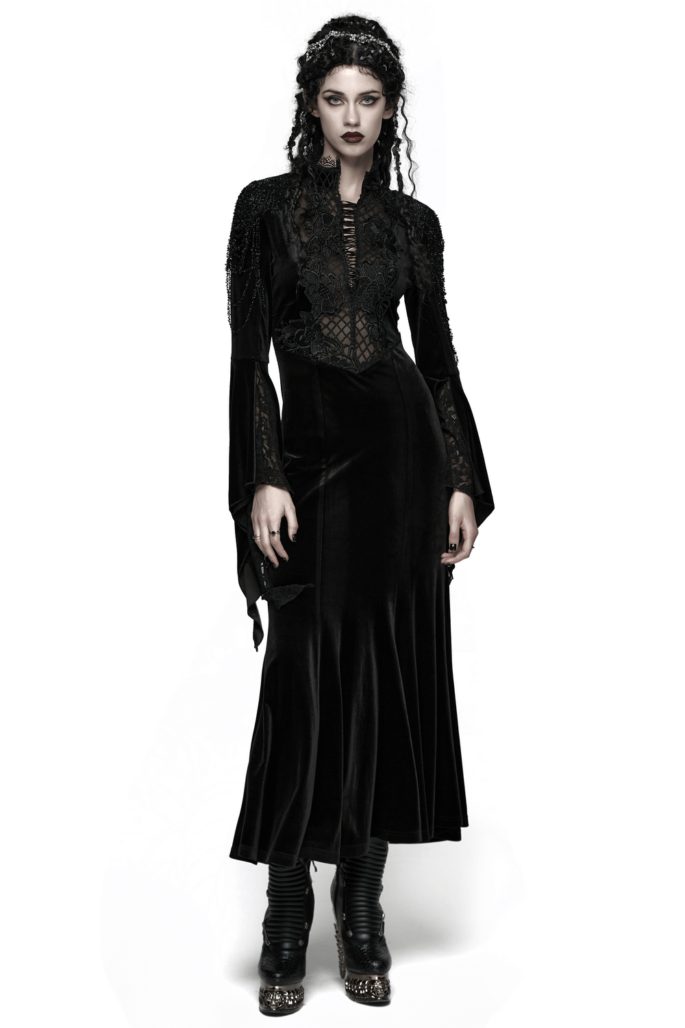 Mystery Long Black Velvet Lace Dress with Fishtail Hem worn by a model showcasing gothic elegance.