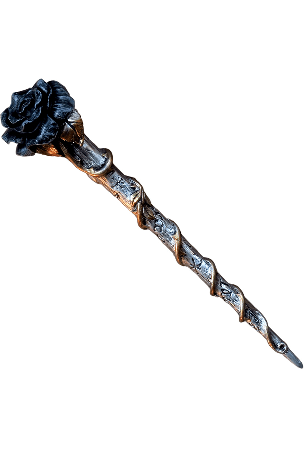 Mystic black rose magic wand with golden vines, perfect for gothic alchemy rituals and spell casting.