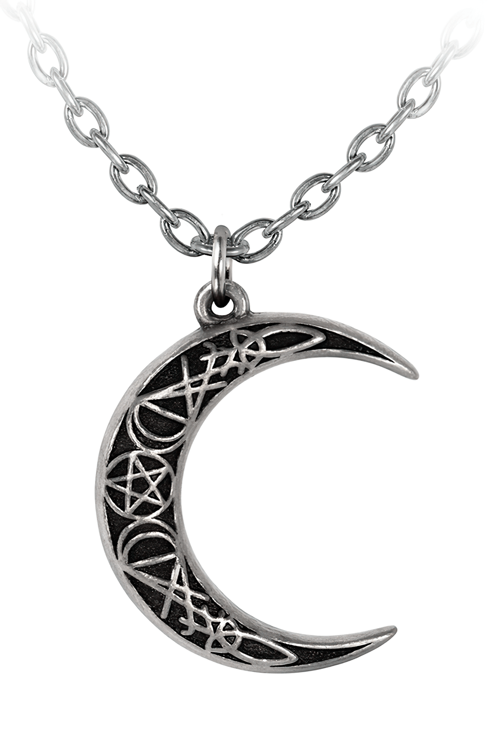 Mystic crescent moon pendant with pentagram design, crafted in fine pewter, perfect for gothic jewelry lovers.
