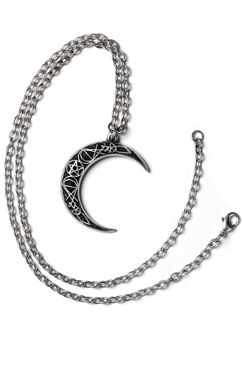Mystic crescent moon pendant with pentagram design on a durable chain, perfect for gothic jewelry lovers.