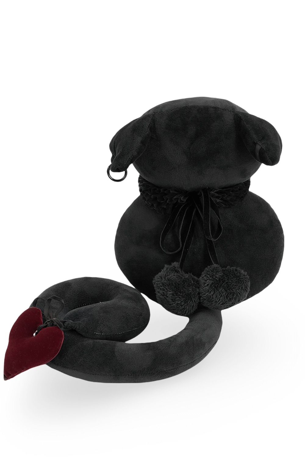 Enchanting black plush cat toy with detachable red hearts and lace collar, perfect for gothic decor.