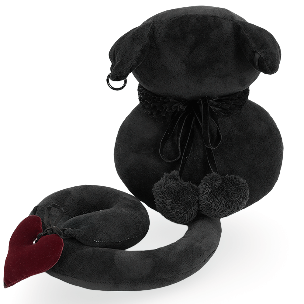 Mystic black plush cat with detachable red hearts and lace collar, perfect for gothic decor and Halloween charm.