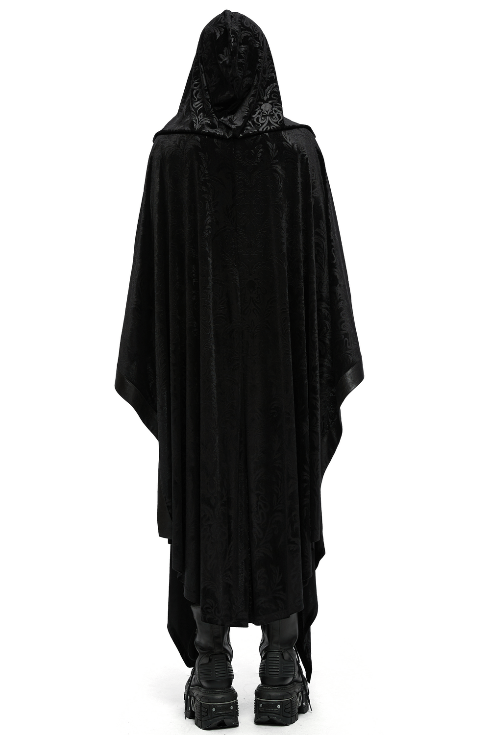 Mysterious hooded black velvet cape showcasing a high-low hem, perfect for gothic enthusiasts and dark fashion lovers.