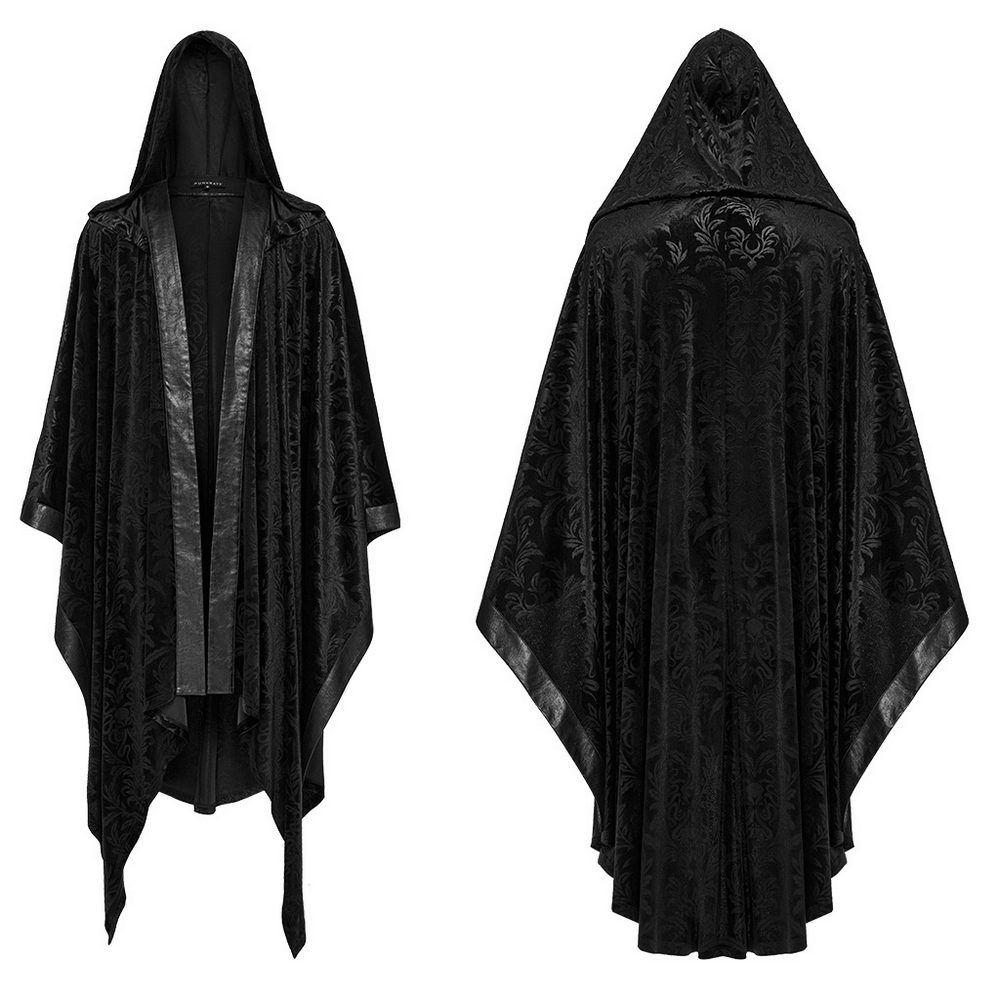 Mystic hooded velvet cape in black, featuring Gothic embossed fabric and high-low pointed hem for a dramatic silhouette.