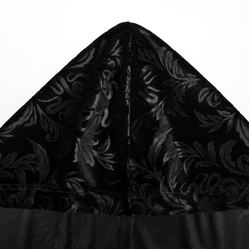 Close-up of the hood of a Mystic Hooded Velvet Cape showcasing intricate gothic embossed velvet design.