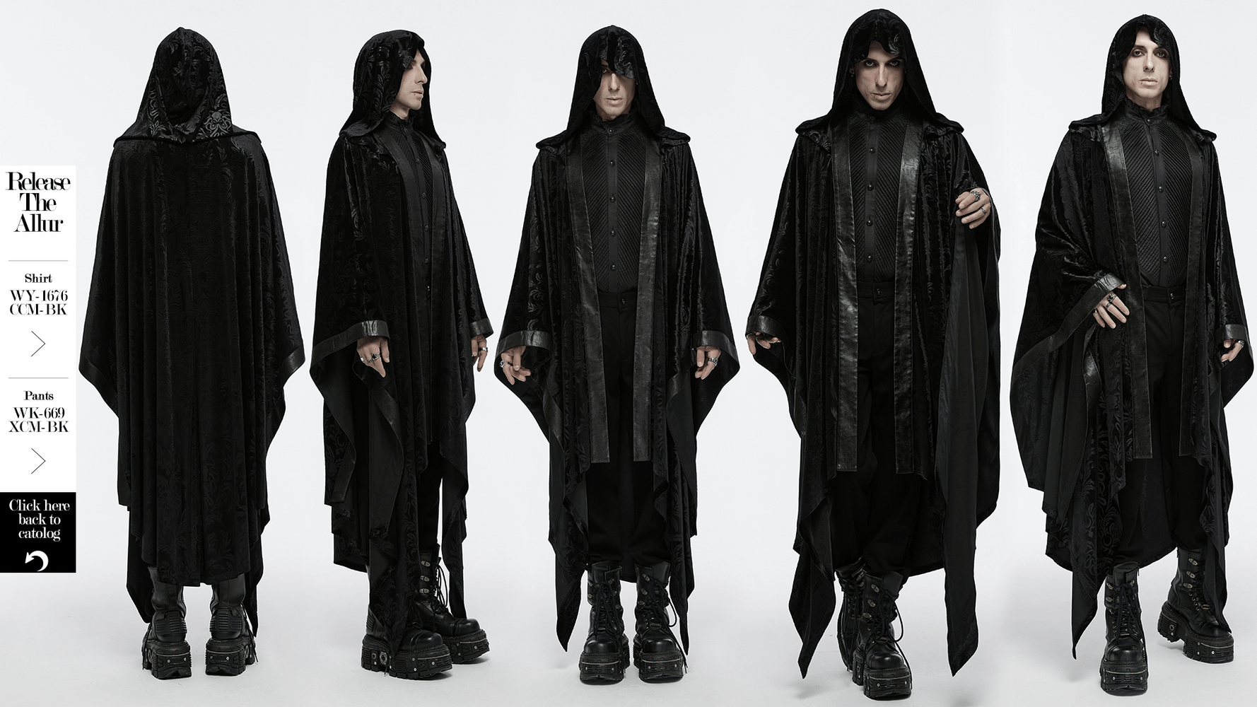 Dark mage in a Mystic Hooded Velvet Cape, showcasing gothic style from multiple angles, perfect for enigmatic fashion enthusiasts.