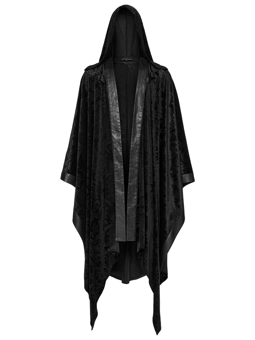 Mystic Hooded Velvet Cape in black, featuring Gothic embossed velvet and twill faux leather for a striking dark aesthetic.