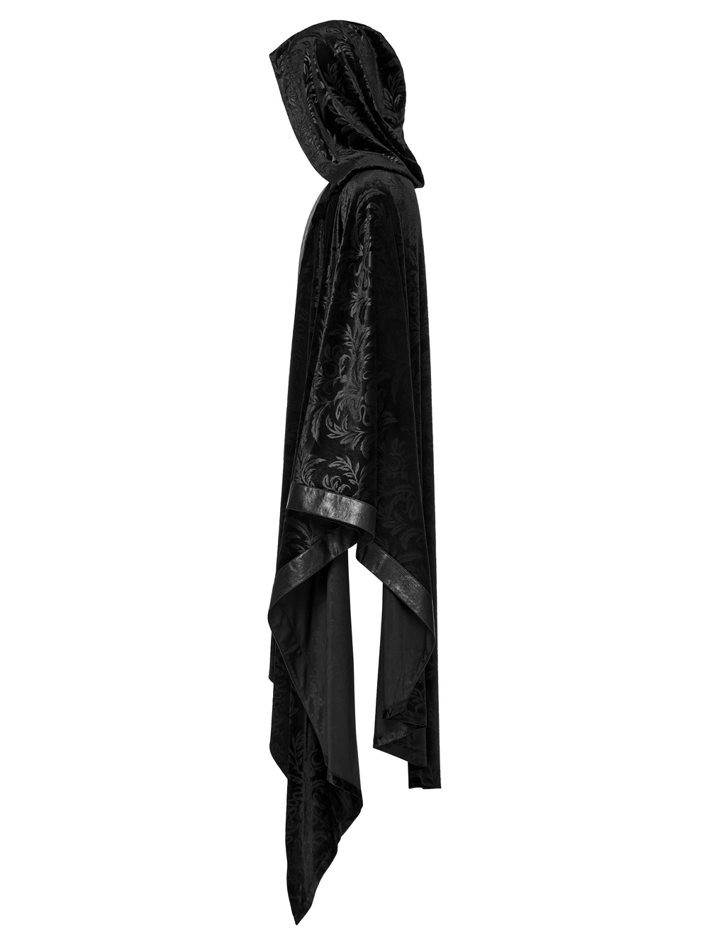 Side view of the Mystic Hooded Velvet Cape, showcasing its dramatic high-low hem and elegant gothic design.