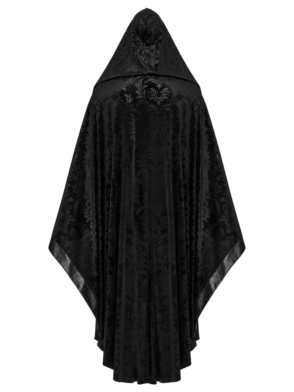 Elegant black Mystic Hooded Velvet Cape with embossed design, perfect for gothic enthusiasts and dark mage styles.