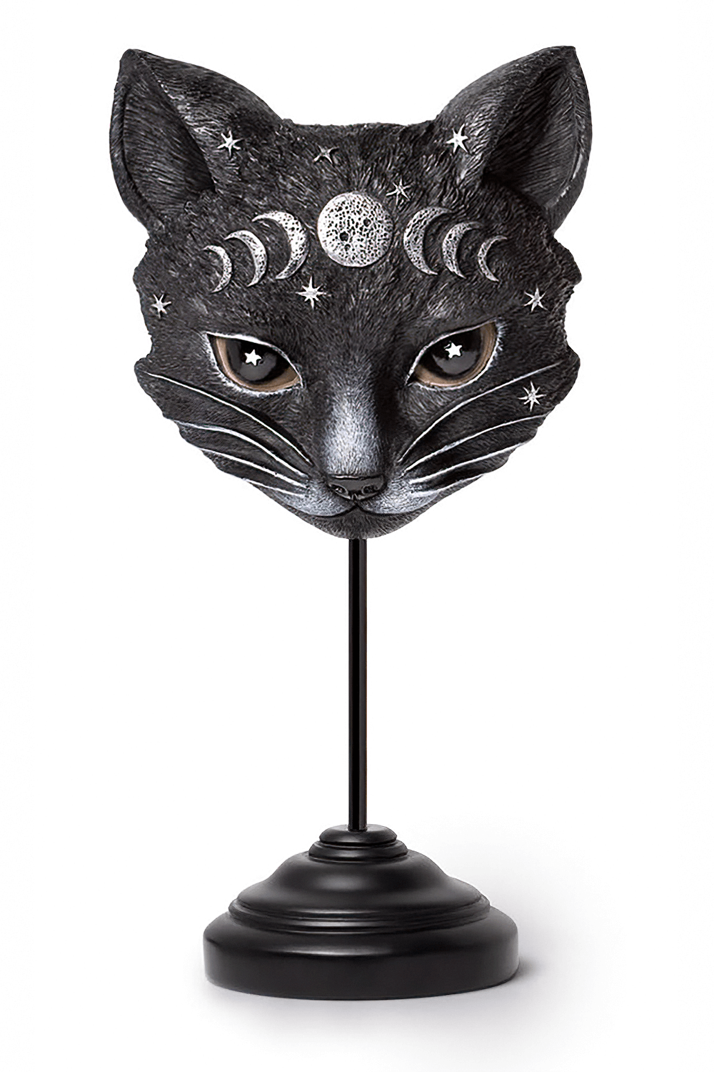 Mystic Moon Cat Head Ornament with stand, hand-painted with moon phases and stars for witchy decor.