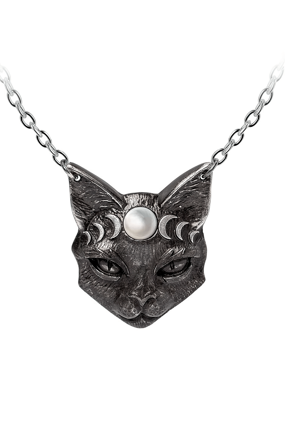 Elegant black cat pendant with moon phase details and mother of pearl centerpiece, symbolizing mysticism and femininity.