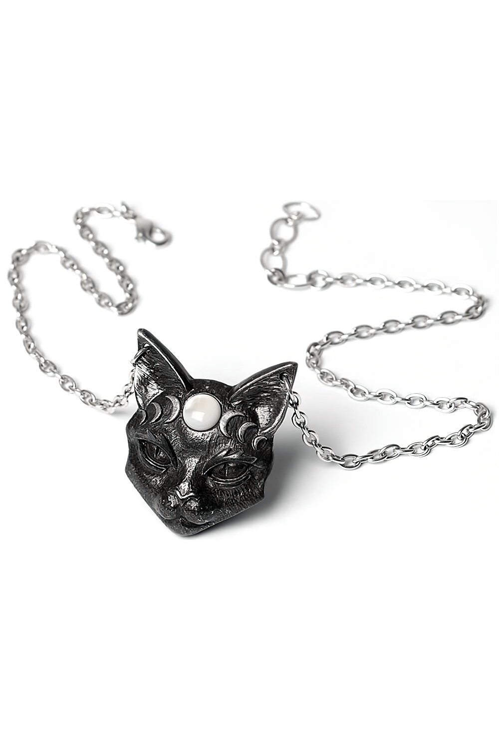 Mystic Moon Cat Pendant featuring blackened pewter design and mother of pearl, symbolizing intuition and femininity.