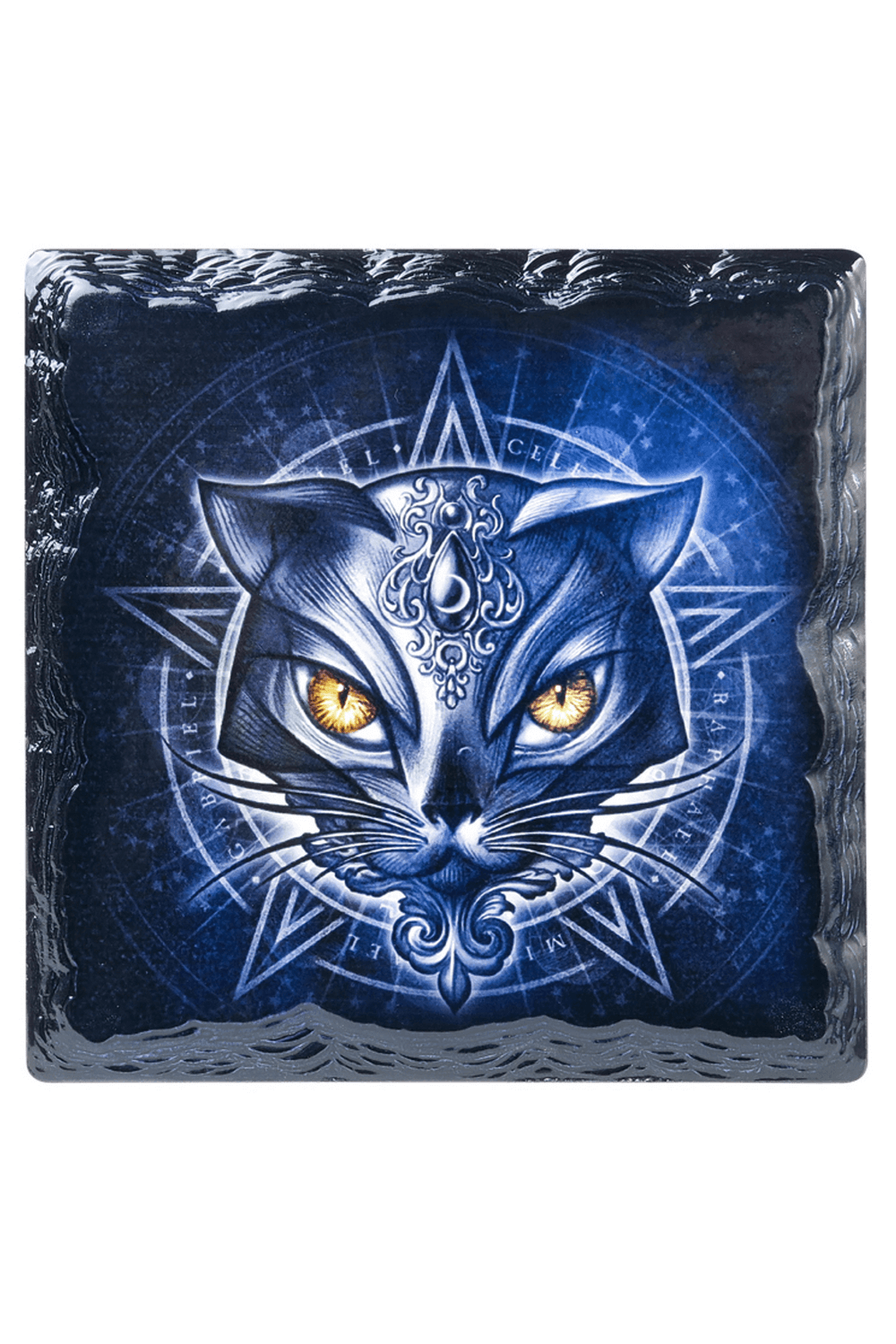 Mystical black cat coaster featuring blue magic design and pentagram symbols, perfect for gothic decor.