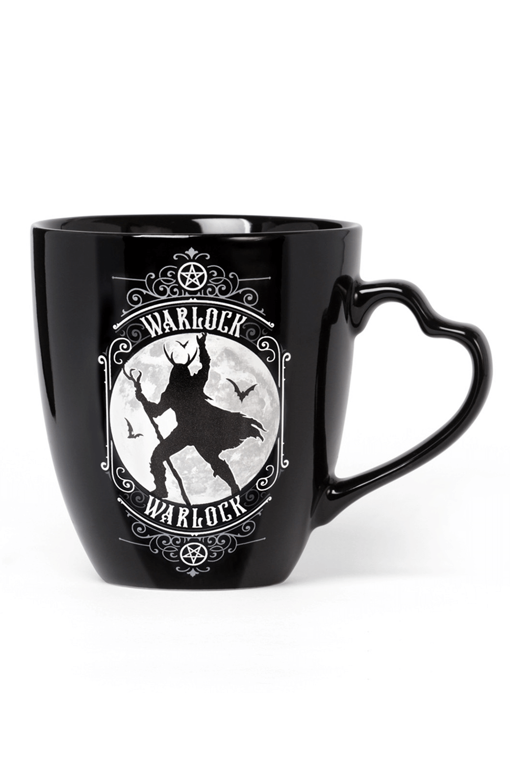 Mystical black Warlock mug with heart-shaped handle, perfect for sipping potions and casting spells.