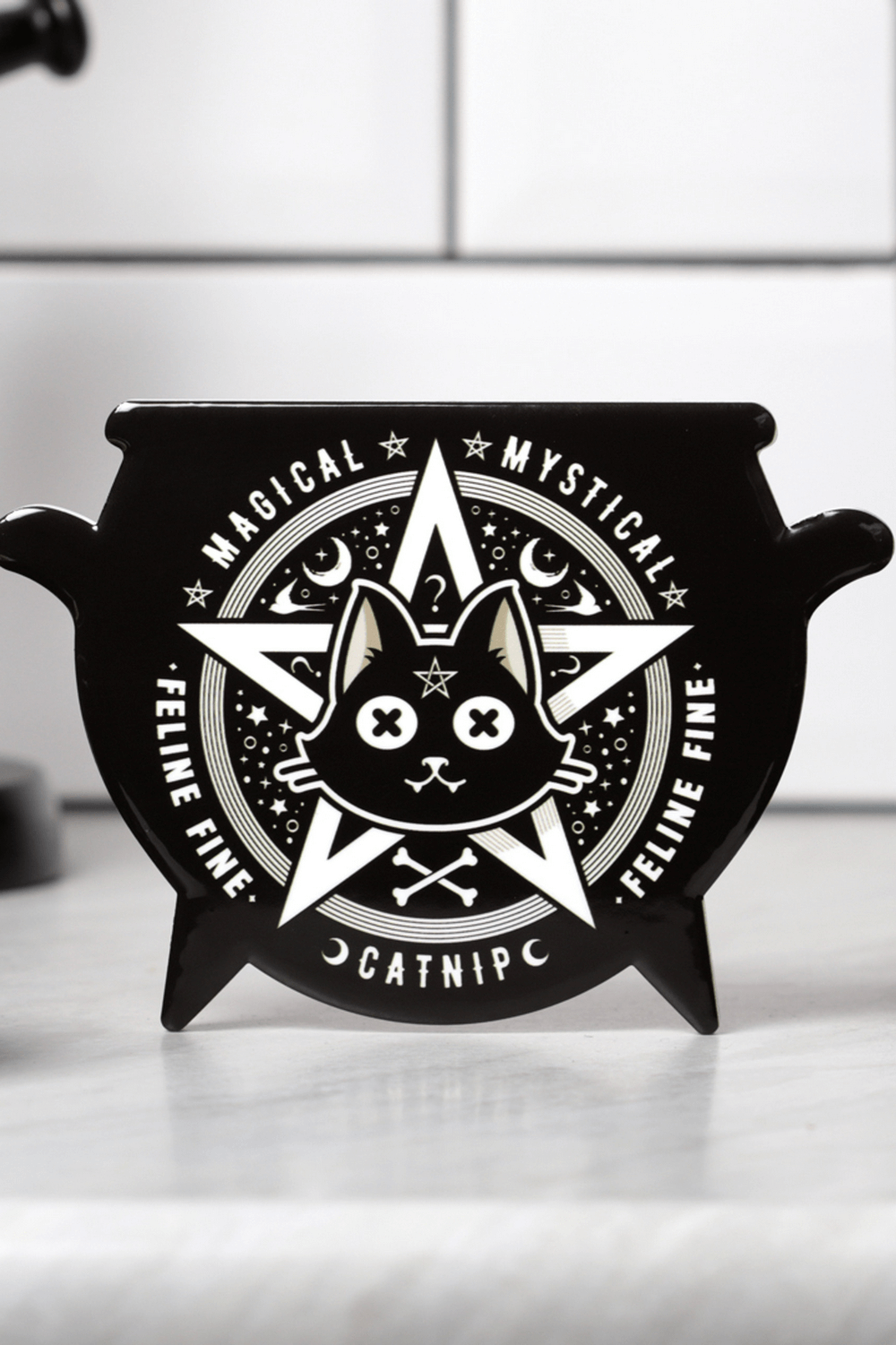 Mystical Catnip Cauldron Coaster with gothic cat design for enchanting home decor.
