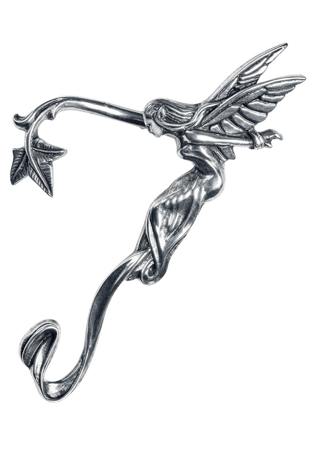 Antiqued pewter fairy ear wrap with leafy scroll, designed for left ear, symbolizing guidance and protection.
