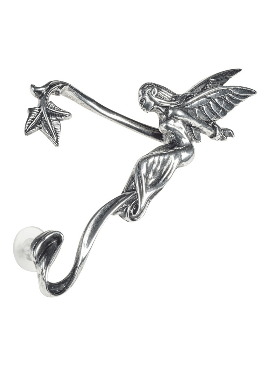 Antiqued pewter fairy ear wrap with leafy scroll detail, perfect for left ear, featuring a fairy holding a star.