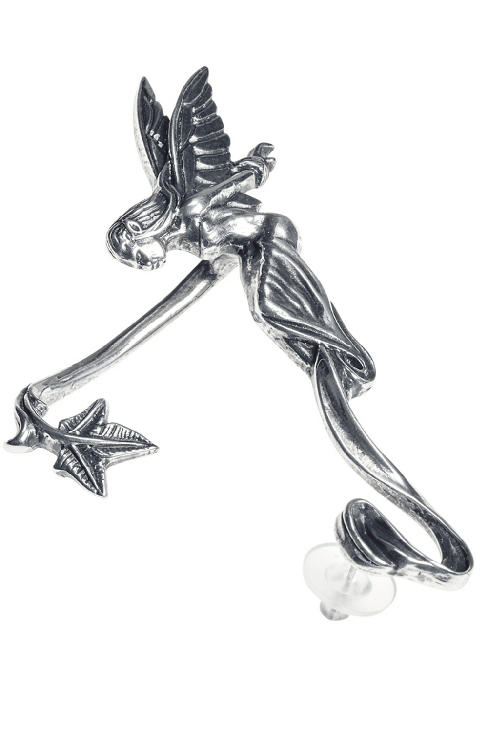 Antiqued pewter fairy ear wrap for left ear, featuring a fairy whispering and leafy scroll details.