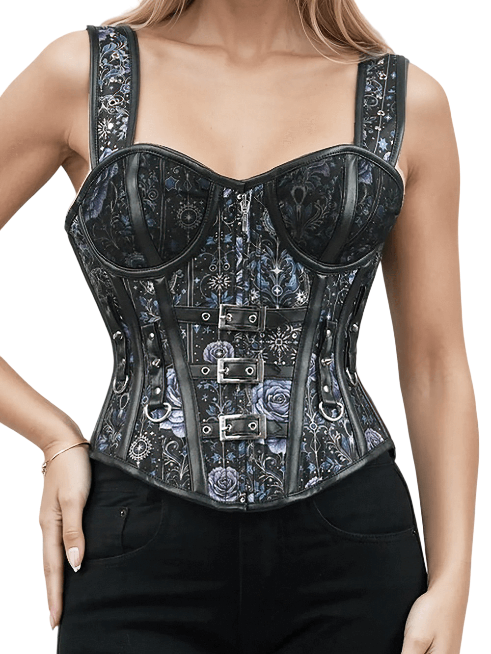 Mystical Floral Gothic Corset with Buckle Straps featuring intricate floral designs and bold black accents.
